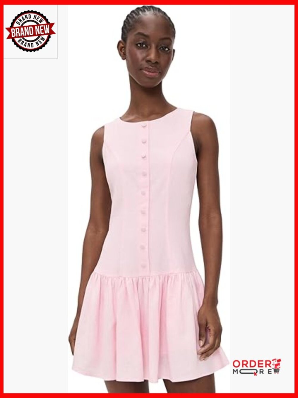Linen Mini Dress with Gathered Drop Waist, Crew Neck, Fit & Flare